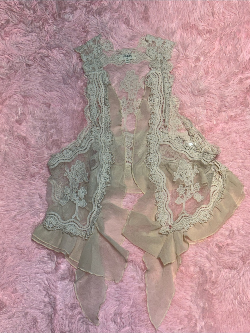 Umgee Cream Lace Crochet Open Front Vest with Ruffle Trim